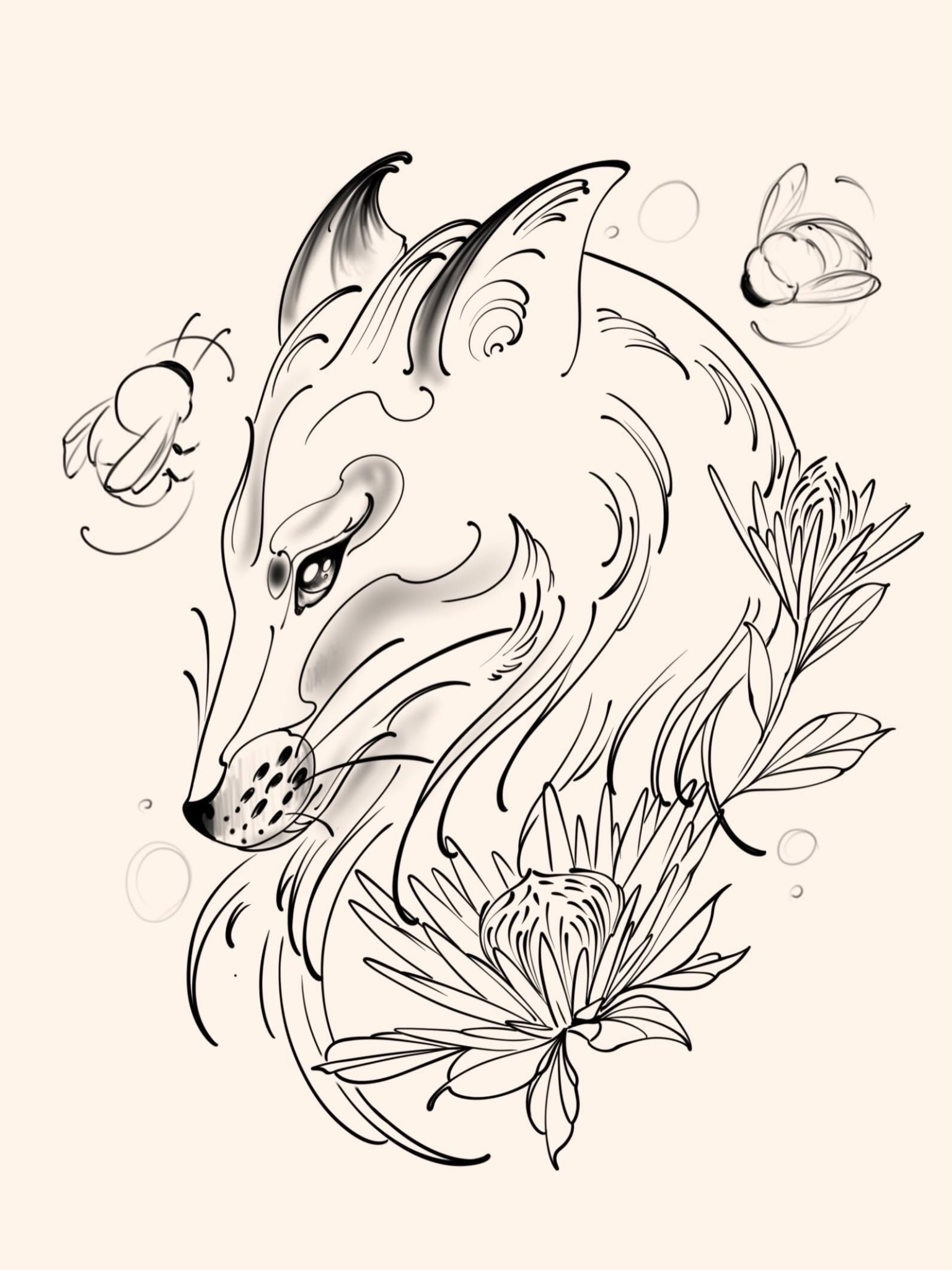 Dessin préparatoire d’un loup entouré de fleurs
